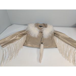 NWOT BERNARDO Motto Gold Leather & Mongolian Fur Fringe Jacket M